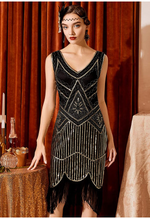 1920s Vintage Sleeveless V Neck Sequin Art Deco Dress