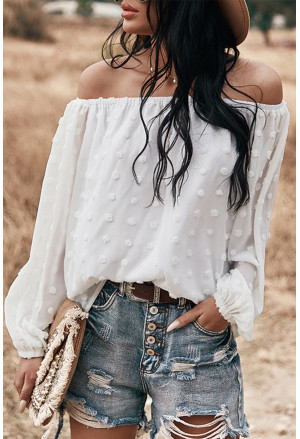 White Off Shoulder Swiss Dot Blouse