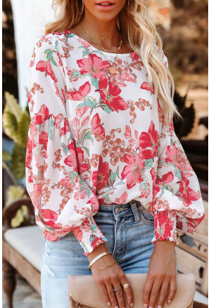 Floral Print Smocked Cuff Puff Sleeve Shirt