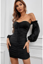 Off The Shoulder Bubble Sleeve Ruched Bodycon Mini Dress