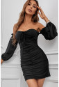 Off The Shoulder Bubble Sleeve Ruched Bodycon Mini Dress
