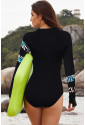 Leaves Print Zip-up Long Sleeve Surf Rash Guard Swimwear