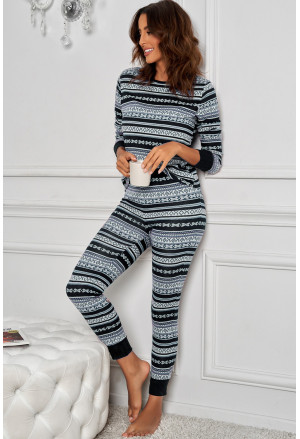 Pattern Print Long Sleeve Top and Skinny Pants Home Suit