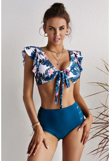 Palm Leaf Print Front Tie High Waist Bikini Swimsuit with Ruffles