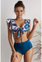 Palm Leaf Print Front Tie High Waist Bikini Swimsuit with Ruffles