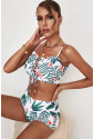Tropical Print Lace-up Ruffled Spaghetti Strap Bikini Set
