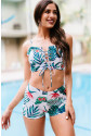 Tropical Print Lace-up Ruffled Spaghetti Strap Bikini Set
