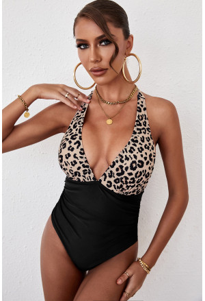 Splicing Ruched Halter Neck Backless Swimwear