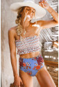 Printed Smocked High Waisted Swimsuit