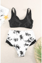 Sexy Solid Crisscross Top and Ruffled Tie Dye High Waisted Swimsuit