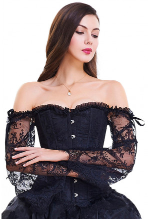 Victorian Gothic Off Shoulder Black Floral Lace Corset with Sleeves