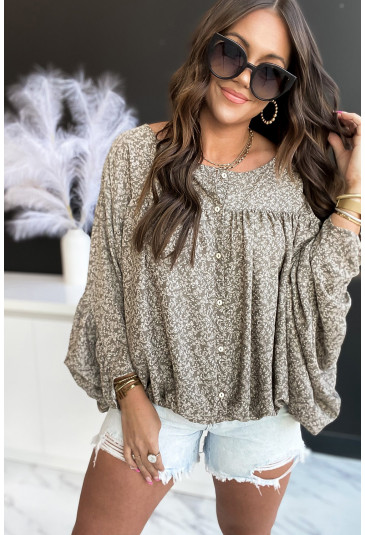 Floral Print Kimono Sleeve Ruched Blouse