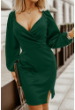 Wrapped Bodice Bubble Sleeve Bodycon Mini Dress with Slit