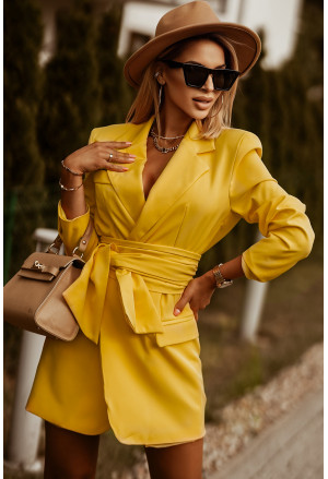 Yellow Long Sleeve Belted Blazer Dress