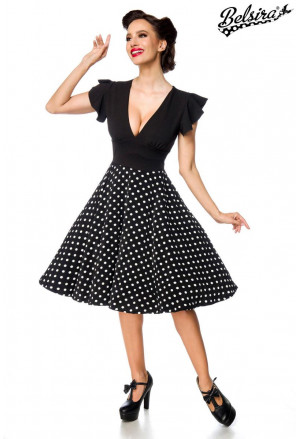 Elegantné retro šaty s krátkym volánovým rukávom a bodkovanou áčkovou sukňou