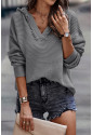 V Neck Ribbed Drop Shoulder Hooded Sweater