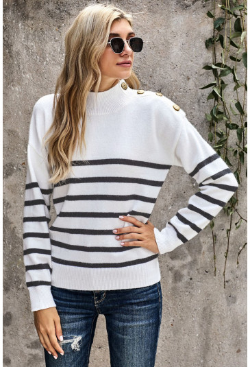 Striped Turtleneck Long Sleeve Sweater with Buttons