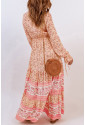 Drawstring Lace-up V Neck Long Sleeve Floral Maxi Dress