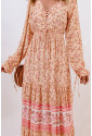 Drawstring Lace-up V Neck Long Sleeve Floral Maxi Dress