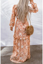 Frill Trim Cutout Waist Long Floral Dress