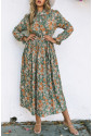 Pleated Long Sleeve Maxi Floral Dress with Tie