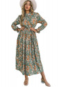 Pleated Long Sleeve Maxi Floral Dress with Tie