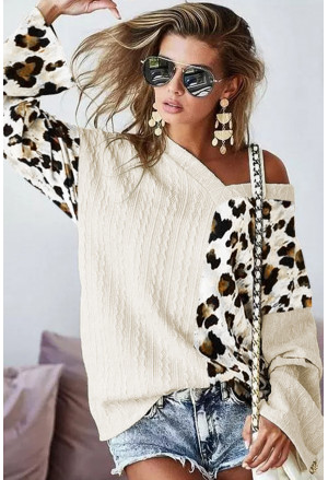 Štýlový pletený sveter s leopardím vzorom a výstrihom do V